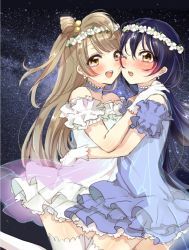 Rule 34 | 2girls, aoi chiruko, bare shoulders, blue hair, blush, cheek-to-cheek, choker, commentary request, dress, earrings, flower, gloves, hair between eyes, hair ornament, hands on another&#039;s shoulders, head wreath, heads together, highres, jewelry, long hair, looking at viewer, love live!, love live! school idol project, minami kotori, multiple girls, one eye closed, open mouth, smile, sonoda umi, thighhighs, white gloves, yellow eyes, yume no tobira