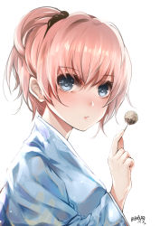Rule 34 | 1girl, bba1985, blue eyes, blue kimono, blush, food, from side, hair between eyes, hair ornament, highres, holding, holding food, japanese clothes, kimono, looking at viewer, parted lips, pink hair, short hair, short ponytail, signature, simple background, solo, upper body, white background, yahari ore no seishun lovecome wa machigatteiru., yuigahama yui