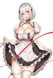Rule 34 | 1girl, anchor choker, azur lane, bad id, bad pixiv id, blush, breasts, choker, cleavage, clothes lift, collarbone, dore (gilles dore), dress, dress lift, eyes visible through hair, hair between eyes, hairband, highres, lace-trimmed choker, lace-trimmed hairband, lace trim, large breasts, lifting own clothes, lips, looking at viewer, open mouth, puffy sleeves, red eyes, red ribbon, ribbon, short hair, short sleeves, simple background, sirius (azur lane), solo, standing, thighhighs, white background, white hair, white thighhighs