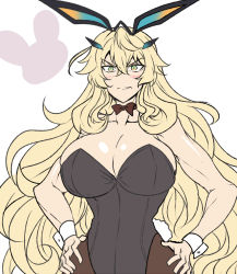 Rule 34 | 1girl, animal ears, bare shoulders, biceps, black leotard, blonde hair, blush, breasts, brown pantyhose, cleavage, collarbone, covered navel, detached collar, barghest (fate), fate/grand order, fate (series), green eyes, highleg, highleg leotard, horns, large breasts, leotard, long hair, looking at viewer, muscular, muscular female, nabeiro kin, narrow waist, pantyhose, rabbit ears, rabbit tail, solo, tail, wrist cuffs