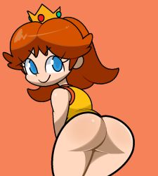 Rule 34 | 1girl, ass, bare shoulders, blue eyes, bottomless, closed mouth, crown, female focus, from behind, happy, jaggy lines, leaning forward, looking back, mario (series), medium hair, mini crown, nintendo, orange background, orange hair, presenting, princess daisy, shiny skin, shirt, sidelocks, simple background, sleeveless, sleeveless shirt, smile, solo, standing, v-shaped eyebrows, vilepluff, yellow headwear, yellow shirt