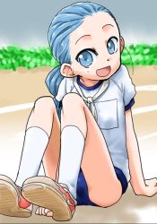Rule 34 | 1girl, blue buruma, blue eyes, blue hair, buruma, gym uniform, kanban musume wa sashiosae, kneehighs, long hair, shinonome isuzu, sitting, smile, socks, solo, suzushiro seri, white socks
