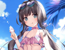 Rule 34 | 1girl, bikini, blue sky, blurry, blurry background, bow, breasts, brown hair, closed mouth, cloud, collar, collarbone, food, green eyes, grey bow, hair bow, hair intakes, halterneck, holding, holding food, ice cream, karory, long hair, original, pink bikini, pink collar, sky, solo, sunlight, swimsuit, tongue, tongue out, twintails, underboob, upper body, very long hair