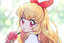 Rule 34 | 1girl, :o, aikatsu!, aikatsu! (series), blonde hair, bow, commentary, cup, disposable cup, drinking straw, hair bow, hairband, highres, holding, holding cup, hoshimiya ichigo, long hair, looking at viewer, milkshake, okameti, open mouth, red bow, red eyes, red hairband, solo, symbol-only commentary, upper body