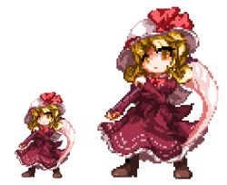 Rule 34 | 1girl, ayge, blonde hair, boots, dress, elly (touhou), female focus, hat, lowres, pixel art, red dress, scythe, short hair, simple background, touhou, touhou (pc-98), white background, yellow eyes