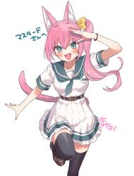 Rule 34 | 1girl, animal ears, aqua eyes, aqua sailor collar, aqua trim, belt, black thighhighs, blush, breasts, cat ears, cat girl, cat tail, foot out of frame, hair between eyes, hair ribbon, highres, indie virtual youtuber, leg up, looking at viewer, manio, medium breasts, mustard (vtuber), open mouth, outstretched arm, outstretched hand, pink hair, pleated skirt, red wristband, ribbon, sailor collar, salute, school uniform, second-party source, serafuku, sharp teeth, shirt, short sleeves, side ponytail, simple background, skirt, solo, straight-on, tail, teeth, thighhighs, white background, white serafuku, white shirt, white skirt, yellow ribbon