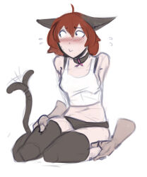 Rule 34 | animal ears, arbuz budesh, blush, brown eyes, brown hair, cat ears, cat girl, cat tail, crop top, disembodied limb, nathy, panties, short hair, squishing, tail, tail wagging, tank top, thick thighs, thighhighs, thighs, underwear