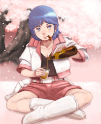 Rule 34 | 1girl, alcohol, bad id, bad pixiv id, beer, blue eyes, blue hair, breasts, cherry blossoms, cleavage, commentary request, copyright request, cup, day, drinking glass, full body, hanami, lafolie, medium breasts, outdoors, retro artstyle, short hair, short shorts, shorts, sitting, smile, solo, tree