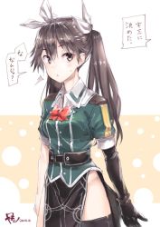 Rule 34 | 1girl, ^^^, black gloves, black sash, black thighhighs, bow, bowtie, brown eyes, brown hair, commentary, cowboy shot, dated, elbow gloves, gloves, green jacket, jacket, kantai collection, karochii, looking at viewer, no panties, parted lips, pelvic curtain, red bow, red bowtie, sash, signature, single glove, single thighhigh, solo, thighhighs, tone (kancolle), translated, twintails