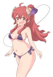 Rule 34 | 1girl, :d, ahoge, alternate hairstyle, arms at sides, bikini, blush, bow, breasts, cleavage, collarbone, commentary, cowboy shot, curvy, fang, floating hair, hair between eyes, hair over breasts, halterneck, happy, large breasts, long hair, looking at viewer, machikado mazoku, open mouth, pon sugar, ponytail, purple bikini, purple bow, red eyes, red hair, side-tie bikini bottom, sidelocks, simple background, skin fang, smile, solo, standing, swimsuit, tareme, thighs, very long hair, wavy hair, white background, yoshida yuuko (machikado mazoku)