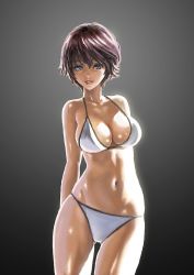Rule 34 | 1girl, arms behind back, bikini, black background, breasts, brown eyes, brown hair, commentary request, cowboy shot, gluteal fold, ikeda (hayato), large breasts, light smile, lips, looking at viewer, navel, original, parted lips, short hair, skindentation, solo, standing, string bikini, swimsuit, thighs