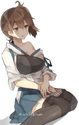 Rule 34 | 10s, 1girl, black thighhighs, breasts, brown eyes, brown hair, chibirisu, japanese clothes, kaga (kancolle), kantai collection, large breasts, long hair, muneate, off shoulder, side ponytail, sitting, solo, thighhighs, twitter username, zettai ryouiki