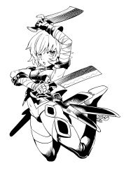 Rule 34 | 1girl, bandaged arm, bandages, bare shoulders, black thighhighs, boots, butcher knife, dual wielding, fate/apocrypha, fate (series), gloves, greyscale, holding, jack the ripper (fate/apocrypha), jumping, monochrome, nishiyama (whatsoy), panties, scar, scar across eye, scar on face, short hair, solo, thigh boots, thighhighs, underwear