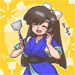 Rule 34 | brown hair, closed eyes, happy, japanese clothes, kuonji ukyou, ranma 1/2, ribbon, smile, solo, spatula, wanta (futoshi)