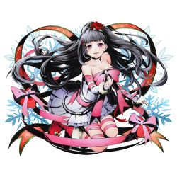 Rule 34 | 10s, 1girl, alpha transparency, black hair, boots, bow, breasts, cleavage, collarbone, divine gate, dress, elizabeth (divine gate), floating hair, flower, frilled dress, frills, full body, grey dress, hair flower, hair ornament, leg ribbon, long hair, looking at viewer, medium breasts, official art, parted lips, pink bow, pink eyes, pink ribbon, red flower, red footwear, ribbon, santa boots, sleeveless, sleeveless dress, solo, strapless, strapless dress, thigh ribbon, thighhighs, transparent background, ucmm, very long hair