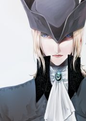 Rule 34 | 1girl, ascot, blonde hair, bloodborne, blue eyes, grey background, hat, itsuki (itsukiovo), lady maria of the astral clocktower, long hair, looking at viewer, simple background, solo, the old hunters, white ascot, white background