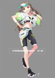 Rule 34 | 1girl, :d, air pods, airpods, aqua hat, bike shorts, black footwear, black shorts, brown eyes, brown hair, clothing cutout, commentary request, drinking straw, english text, fanny pack, fashion, full body, grey background, hand on own hip, hat, highres, jacket, leg cutout, long hair, looking at viewer, m/, navel, open mouth, original, ponytail, see-through, see-through sleeves, shoes, short sleeves, shorts, signature, simple background, smile, sneakers, solo, sports bra, standing, streetwear, visor cap, wireless earphones, wristband, yoshito, ||/