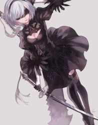 Rule 34 | 1girl, black blindfold, black dress, black thighhighs, blindfold, bow, cleavage cutout, clothing cutout, dress, feather-trimmed sleeves, feather trim, gloves, hair bow, highres, kaneblob, katana, lips, mole, mole under mouth, nier (series), nier:automata, outstretched arm, short hair, silver hair, solo, sword, sword behind back, thighhighs, vambraces, weapon, 2b (nier:automata)