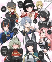 1boy 6+girls absurdres ahoge animal_ear_fluff animal_ears aqua_necktie astra_yao black_hair black_necktie blonde_hair blue_jacket blunt_bangs blunt_sidelocks blush brown_eyes caesar_king_(zenless_zone_zero) collarbone collared_jacket collared_shirt commentary english_text evelyn_chevalier fox_ears fox_girl green_eyes green_hair grey_hair hairband harem heart heart_background highres hoshimi_miyabi jacket kulojawa long_hair luciana_de_montefio multicolored_hair multiple_girls necktie nicole_demara open_mouth pink_hair red_hair shirt streaked_hair symbol-only_commentary t-shirt twitter_username two-tone_hair white_hairband white_shirt wise_(zenless_zone_zero) yellow_eyes zenless_zone_zero zhu_yuan