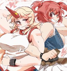 Rule 34 | 2girls, blonde hair, blush, breasts, eyebrows, female focus, grin, hair bobbles, hair ornament, heart, horns, hoshiguma yuugi, huge breasts, iroyopon, multiple girls, muscular, one eye closed, onozuka komachi, open clothes, red eyes, red hair, single horn, smile, sweat, thick eyebrows, touhou, twintails, two side up, wink