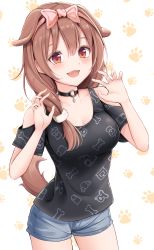 1girl absurdres black_shirt blouse breasts brown_eyes brown_hair hatsanxp highres hololive inugami_korone inugami_korone_(loungewear) looking_at_viewer open_mouth shirt short_shorts shorts smile virtual_youtuber