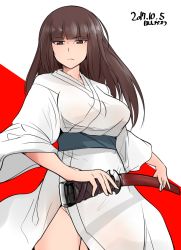 Rule 34 | 10s, 1girl, absurdres, artist name, blunt bangs, brown eyes, brown hair, closed mouth, commentary request, cowboy shot, dated, foreshortening, girls und panzer, highres, holding, holding weapon, hoshikawa (hoshikawa gusuku), japanese clothes, katana, kimono, long hair, looking at viewer, mature female, nishizumi shiho, one-hour drawing challenge, scabbard, sheath, signature, solo, standing, sword, twitter username, weapon, white kimono
