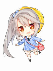 Rule 34 | 1girl, :3, :d, bag, black bow, black footwear, bloomers, blue bow, blue shirt, blush, bow, chibi, collared shirt, fang, frilled shirt, frills, full body, grey hair, hair between eyes, hair bow, hat, heart, kindergarten uniform, kneehighs, leaning to the side, long hair, long sleeves, looking at viewer, ning hai (warship girls r), open mouth, orange eyes, outstretched arms, school bag, school hat, shirt, shoes, shoulder bag, side ponytail, simple background, smile, socks, solo, spread arms, standing, standing on one leg, tareme, tengxiang lingnai, underwear, warship girls r, white background, white socks, yellow hat