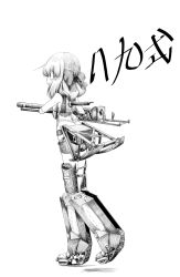 Rule 34 | 1girl, armor, caterpillar tracks, commentary, elbow pads, from side, full body, girls und panzer, greaves, greyscale, gun, headband, highres, holding, holding gun, holding weapon, jinguu (4839ms), kondou taeko, mecha musume, medium hair, monochrome, shirt, short shorts, shorts, sleeveless, sleeveless shirt, solo, sportswear, standing, standing on one leg, translated, type 89 i-gou (personification), volleyball uniform, weapon