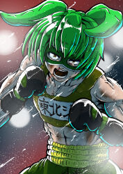 Rule 34 | 1girl, alternate costume, black gloves, blood, boxing gloves, collarbone, commentary request, cowboy shot, crop top, eye mask, flat chest, gloves, green hair, green shorts, green tank top, highres, looking at viewer, medium bangs, muscular, muscular female, navel, nosebleed, open mouth, short hair, shorts, solo, sweat, syougayaki-0185, tank top, teeth, voicevox, zundamon