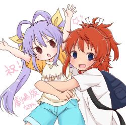 Rule 34 | 2girls, :d, antenna hair, arms up, backpack, bag, beige shirt, blue eyes, blue shorts, breasts, brown eyes, brown hair, clothes writing, commentary request, hair between eyes, hair ribbon, high ponytail, koshigaya natsumi, leaning to the side, long hair, looking at viewer, miyauchi renge, multiple girls, non non biyori, open mouth, outstretched arms, ponytail, purple hair, raglan sleeves, ribbon, shika (s1ka), shirt, short sleeves, shorts, simple background, smile, star (symbol), translation request, very long hair, white background, white ribbon, white shirt, yellow ribbon