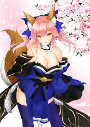 Rule 34 | 10s, 1girl, :3, animal ears, bare shoulders, blue bow, blue thighhighs, blush, bow, breasts, cherry blossoms, cleavage, closed mouth, collarbone, cowboy shot, detached sleeves, fate/extra, fate/grand order, fate (series), fox ears, fox tail, hair between eyes, hair bow, japanese clothes, kimono, kitagawa onitarou, large breasts, long hair, long sleeves, looking at viewer, nontraditional miko, obi, pink hair, sash, smile, solo, tail, tamamo (fate), tamamo no mae (fate/extra), thighhighs, tsurime, twintails, wide sleeves, yellow eyes