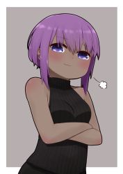 Rule 34 | 1girl, :3, bare arms, bare shoulders, blush, breasts, closed mouth, crossed arms, dark-skinned female, dark skin, fate/prototype, fate/prototype: fragments of blue and silver, fate (series), grey background, hair between eyes, hassan of serenity (fate), highres, i.u.y, looking at viewer, purple eyes, purple hair, ribbed sweater, sleeveless, sleeveless sweater, sleeveless turtleneck, small breasts, solo, sweater, turtleneck, turtleneck sweater, two-tone background, upper body, white background