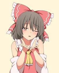 Rule 34 | 1girl, absurdres, bare shoulders, blush, bow, breasts, brown eyes, brown hair, collar, eyes visible through hair, hair between eyes, hakurei reimu, hands up, highres, long sleeves, looking at viewer, medium breasts, one eye closed, open mouth, red bow, short hair, simple background, smile, solo, suwaneko, touhou, umapyoi densetsu, white collar, white sleeves, yellow background, yellow neckwear