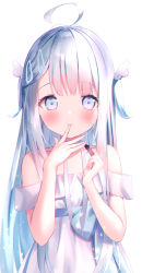 Rule 34 | 1girl, absurdres, ahoge, amatsuka uto, anzu yotsuba, bare shoulders, blue eyes, blush, closed mouth, cowboy shot, dress, licking finger, hair ornament, hairclip, halter dress, halterneck, highres, indie virtual youtuber, licking, looking at viewer, off-shoulder dress, off shoulder, silver hair, smile, solo, two side up, upper body, virtual youtuber, white dress, wing hair ornament