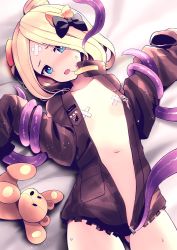 Rule 34 | 1girl, abigail williams (fate), abigail williams (traveling outfit) (fate), bandaid, bandaid on face, bandaid on forehead, bandaids on nipples, black bow, black jacket, blonde hair, blue eyes, blush, bound, bound arms, bow, breasts, crossed bandaids, fate/grand order, fate (series), forehead, hair bow, hair bun, heroic spirit traveling outfit, jacket, long hair, long sleeves, looking at viewer, lying, navel, official alternate costume, on back, open clothes, open jacket, open mouth, orange bow, parted bangs, pasties, restrained, single hair bun, sleeves past fingers, sleeves past wrists, small breasts, solo, stuffed animal, stuffed toy, teddy bear, tentacles, tranquillianusmajor, zipper pull tab