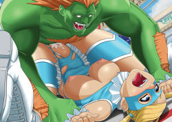 Rule 34 | 1990s (style), 1girl, ahegao, arm grab, bare shoulders, blanka, blonde hair, blue eyes, blush, breasts, capcom, clothed sex, cum, cum in pussy, dutch angle, folded, fucked silly, highres, large breasts, leotard, lying, mask, mating press, misoshiro (shijimi), moaning, monster, nipples, on back, open mouth, pussy, rainbow mika, rape, restrained, rolling eyes, sex, spread legs, street fighter, street fighter zero (series), tongue, tongue out, torn clothes, twintails, uncensored, upside-down, vaginal, wrestling outfit