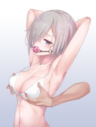 Rule 34 | 10s, 1girl, armpits, arms behind head, arms up, ball gag, bikini, blue eyes, blush, grabbing another&#039;s breast, breasts, cleavage, collarbone, disembodied hand, front-tie bikini top, front-tie top, gag, grabbing, grabbing from behind, gradient background, grey background, grey hair, groping, hair ornament, hair over one eye, hairclip, halterneck, hamakaze (kancolle), highres, kantai collection, konnyaku (kk-monmon), large breasts, navel, short hair, solo, swimsuit, upper body, white bikini