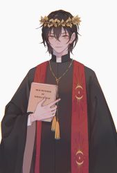 Rule 34 | 1boy, black hair, book, chinese commentary, commentary request, english text, green eyes, hair between eyes, head wreath, holding, holding book, leonard mitchell, lips, lord of the mysteries, priest, robe, seiboku, short hair, simple background, solo, white background