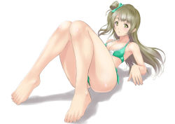Rule 34 | 10s, 1girl, bad feet, bare legs, barefoot, bikini, blush, bow, breasts, brown eyes, brown hair, cleavage, feet, full body, green bikini, green bow, grey hair, hair bow, halterneck, long hair, love live!, love live! school idol project, lying, minami kotori, muffin (sirumeria), on back, one side up, parted lips, simple background, solo, swimsuit, white background
