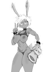 Rule 34 | abs, armpits, bracelet, breasts, breasts out, chainsaw, choker, dark skin, ears perk, gs16 (chug), hand gesture, highres, jewelry, jourjii, large breasts, lipstick, looking at viewer, makeup, monochrome, motion lines, nipples, open mouth, original, panties, peace symbol, power tool, pulled by self, rabbit ears, rabbit tail, short hair, spiked bracelet, spikes, tank top, arm tattoo, thick thighs, thighs, toned, underwear, white background