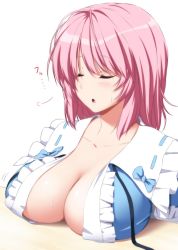Rule 34 | 1girl, arm garter, black neckwear, black ribbon, blue bow, blush, bow, breast rest, breasts, cleavage, closed eyes, collarbone, commentary request, frilled shirt collar, frills, large breasts, neck ribbon, no headwear, nori tamago, parted lips, pink hair, ribbon, saigyouji yuyuko, short hair, simple background, sleeping, solo, touhou, translation request, undone neck ribbon, upper body, white background
