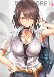 Rule 34 | 1girl, ahoge, alternate costume, armpit peek, asymmetrical bangs, azur lane, bag, baltimore (after-school ace) (azur lane), baltimore (azur lane), black choker, black necktie, blue skirt, braid, breasts, brown hair, character name, choker, cleavage, closed mouth, clothes around waist, collarbone, collared shirt, french braid, hair between eyes, hand on own hip, hand up, highres, himuro shunsuke, holding, holding bag, large breasts, looking at viewer, loose necktie, necktie, pleated skirt, school bag, school uniform, shirt, short hair, short sleeves, skirt, smile, solo, sweater, sweater around waist, white shirt, yellow eyes