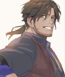 Rule 34 | 1boy, belmond banderas, black shirt, blush, brown eyes, brown hair, brown vest, collared shirt, commentary request, eyebrows hidden by hair, grin, long hair, looking at viewer, looking to the side, low ponytail, male focus, nijisanji, ponytail, shippaiderman, shirt, smile, solo, thick eyebrows, upper body, vest, virtual youtuber