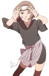 Rule 34 | 1girl, apron, bracelet, brown hair, double v, facial mark, female focus, forehead protector, highres, jewelry, konohagakure symbol, naruto (series), naruto shippuuden, nohara rin, one eye closed, short hair, simple background, smile, solo, teeth, v, white background, wink, zifletts