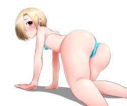 Rule 34 | 1girl, absurdres, all fours, ass, bare shoulders, bikini, blonde hair, blue bikini, blush, closed mouth, commentary request, covered erect nipples, earrings, flat chest, from behind, hadacra, hair over one eye, highres, idolmaster, idolmaster cinderella girls, jewelry, looking at viewer, looking back, micro bikini, red eyes, shiny skin, shirasaka koume, short hair, simple background, smile, solo, swimsuit, white background