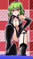 Rule 34 | 1girl, absurdres, black gloves, bondage outfit, boots, breasts, cleavage, dominatrix, elbow gloves, gloves, green hair, hand on own chin, hand on own hip, head rest, highres, kazami yuuka, latex, latex boots, latex gloves, latex legwear, looking at viewer, medium bangs, medium breasts, open mouth, red eyes, sae (minamina3737), short hair, standing, thigh boots, touhou