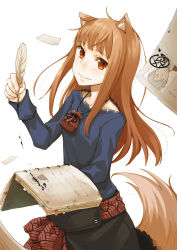 Rule 34 | 1girl, animal ears, ayakura juu, book, brown hair, craft lawrence, feathers, highres, holding, holding book, holo, ink, jewelry, long hair, necklace, official art, paper, pen, quill, red eyes, smile, solo, spice and wolf, tail, white background, wolf ears, wolf tail