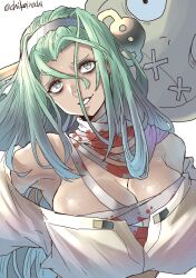 Rule 34 | 1girl, a.b.a, bandages, blood on clothes, breasts, chikoinochi, cleavage, female focus, green eyes, green hair, guilty gear, guilty gear strive, highres, huge breasts, key, long hair, looking at viewer, matching hair/eyes, paracelsus (guilty gear), solo, upper body