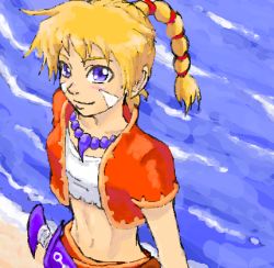 Rule 34 | 1girl, blonde hair, blue eyes, braid, chrono (series), chrono cross, collarbone, jacket, jewelry, kid (chrono cross), looking at viewer, lowres, midriff, multi-tied hair, navel, necklace, open clothes, open jacket, pearl necklace, ponytail, short sleeves, single braid, solo, stomach