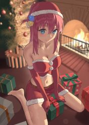 Rule 34 | 1girl, anteiru, bare shoulders, barefoot, belt, blue eyes, bocchi the rock!, breasts, chimney, christmas, christmas tree, cleavage, commentary request, crop top, cube hair ornament, elbow gloves, fire, fur-trimmed headwear, fur-trimmed skirt, fur trim, gloves, gotoh hitori, hair ornament, hat, highres, indoors, kneeling, long hair, looking at viewer, medium breasts, midriff, miniskirt, navel, pink hair, red gloves, santa costume, santa hat, shirt, sitting, skirt, solo, strapless, strapless shirt, thighs, wariza